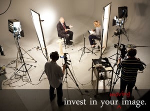 Mike Kochenour, President of York Traditions Bank, on the set of a TV commercial spot in our studio.