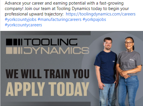 Two employees standing with the text "We will train you. Apply today" Tooling Dynamics