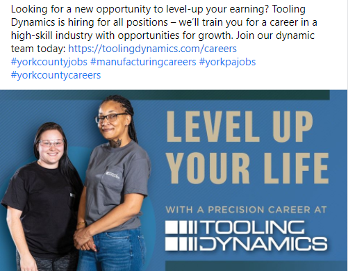 Image with two people standing. Text reads, "Level up your life with a precision career." Tooling Dynamics