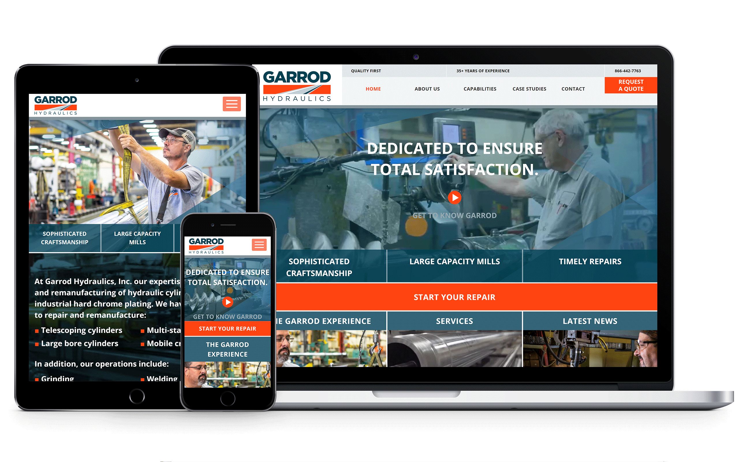 A mockup on three different sized screens of the Garrod Hydraulics website that we designed.
