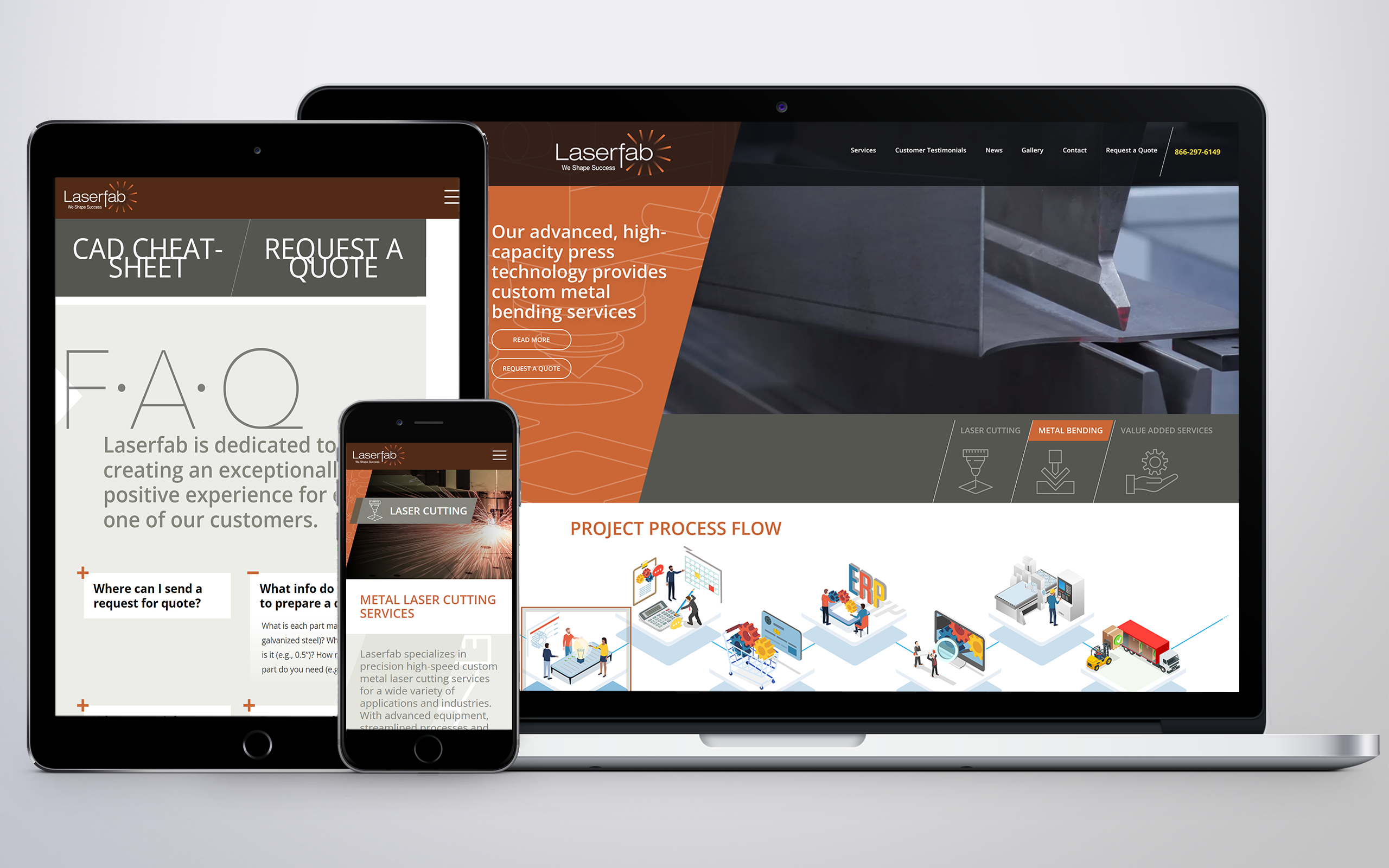 A mockup on three different sized screens of the Laserfab website that we designed.