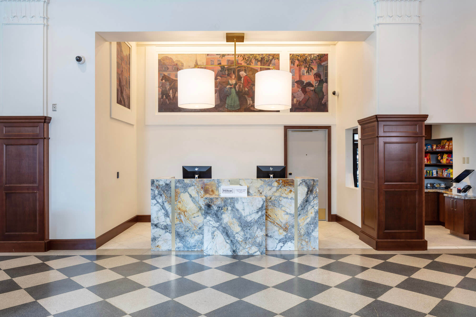 The reception desk at the Yorktowne Hotel.