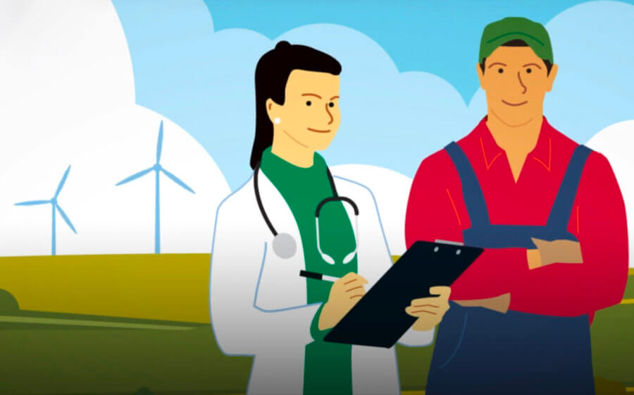 An animated country setting with windmills in the background and a lady in a white coat and stethoscope standing next to a man dressed as a farmer.