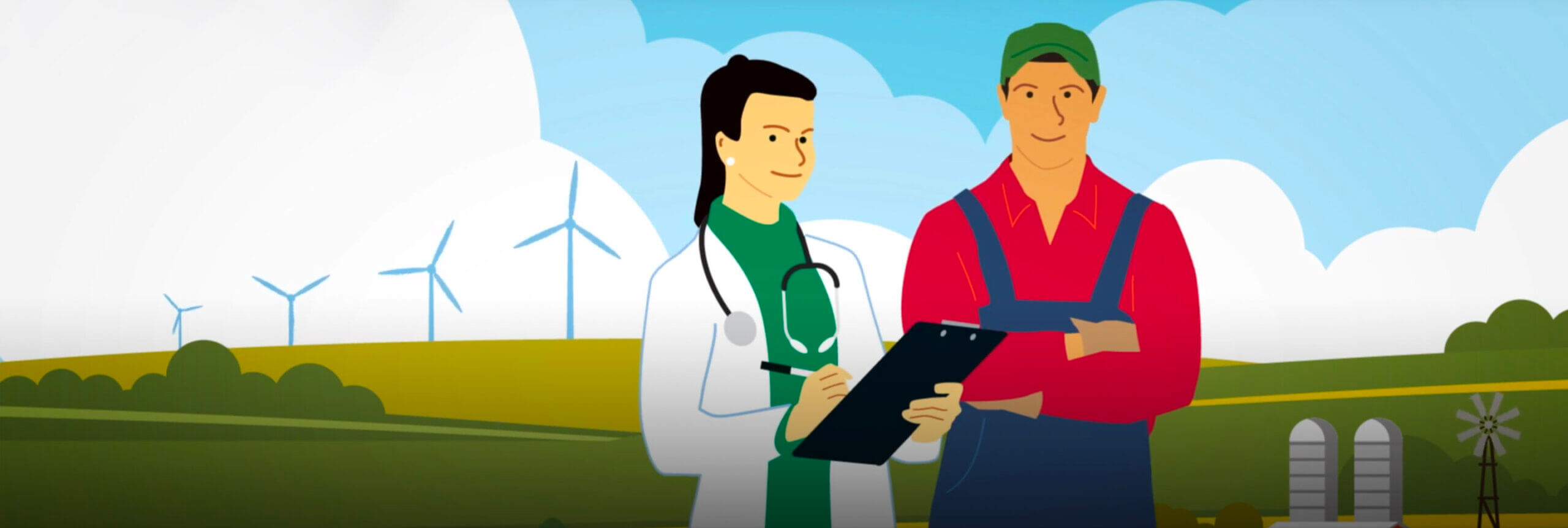 An animated country setting with windmills in the background and a lady in a white coat and stethoscope standing next to a man dressed as a farmer.