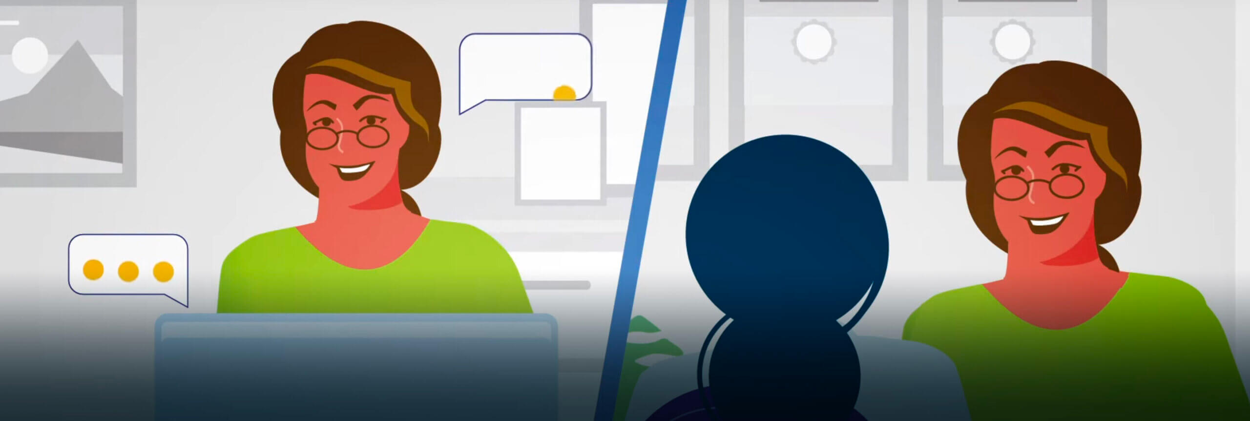 An animation of the same woman twice wearing glasses, one of them she is looking at a monitor, the other she is taking to a customer.