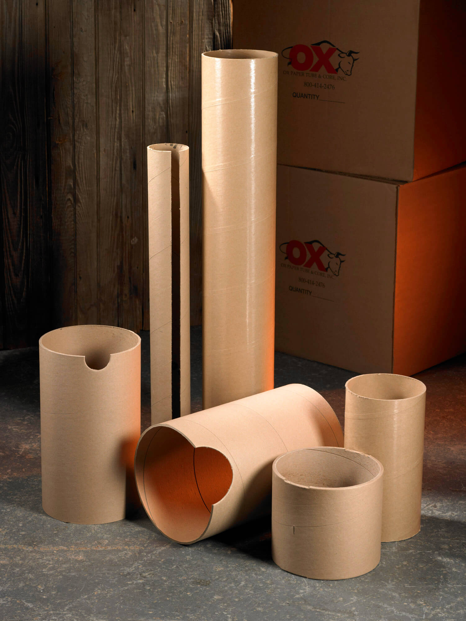 Six sizes and styles of carboard tubes