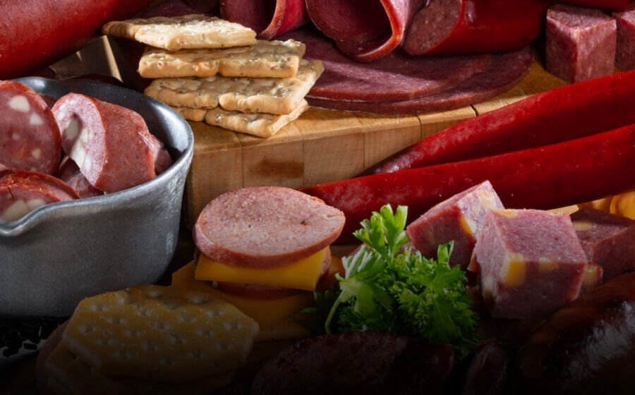 A display of meat and cheese on a wooden board.