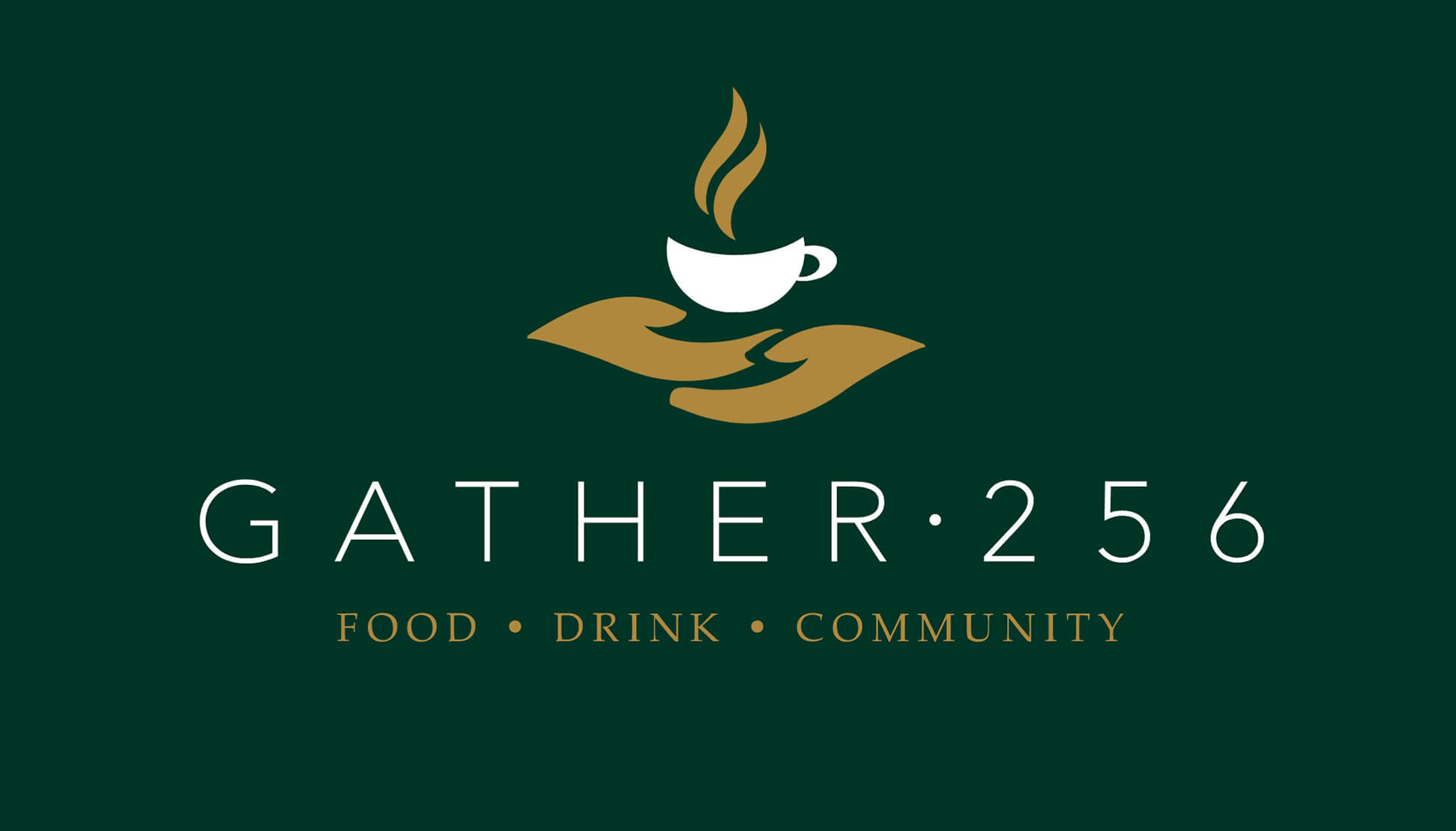 Gather 256 full logo on a bottle green background.