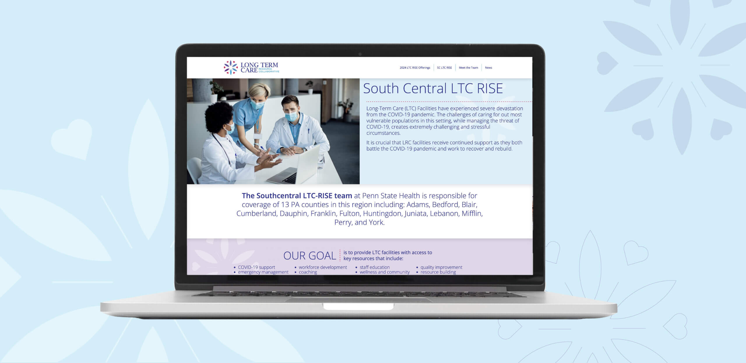 A laptop screen open and displaying the LTCRC website.