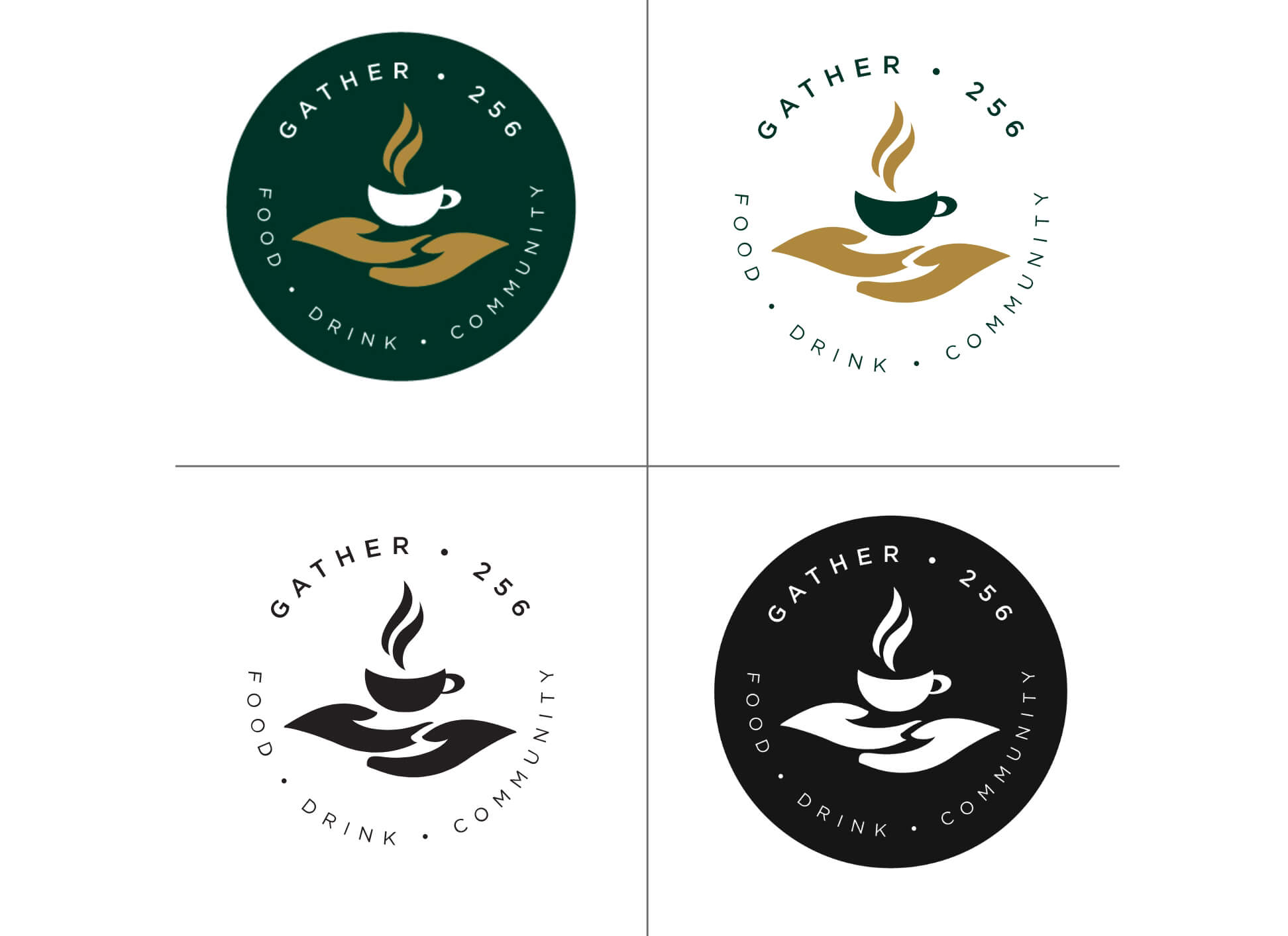 Four quadrants each containing a different version of the logo