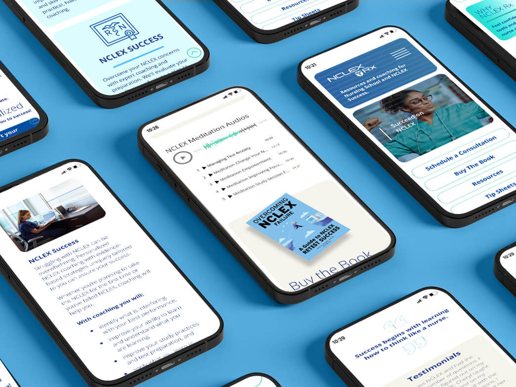 An image of many mobile phones laying on a table and they are all displaying the NCLEXRx website.