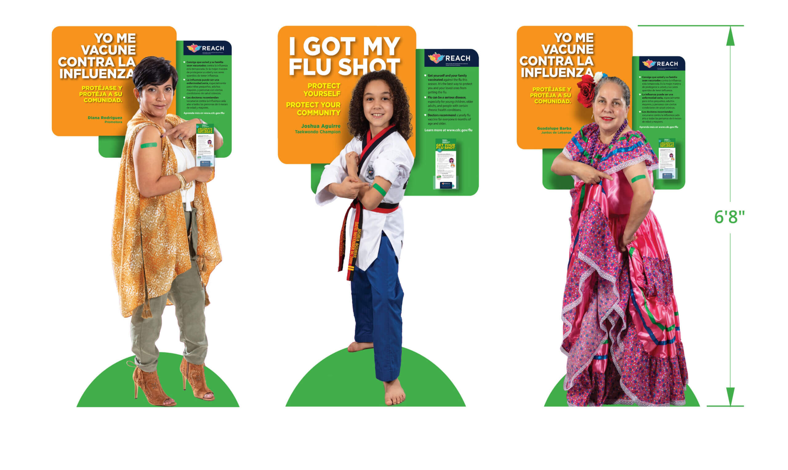 Three life size cut outs, two women and a girl, used to advertise getting a flue shot.