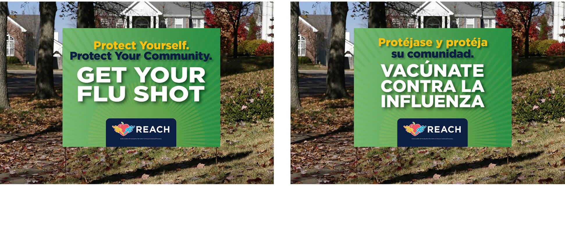 Two images of yard signs to advertise to get your flue shot, one in Spanish and one in English.