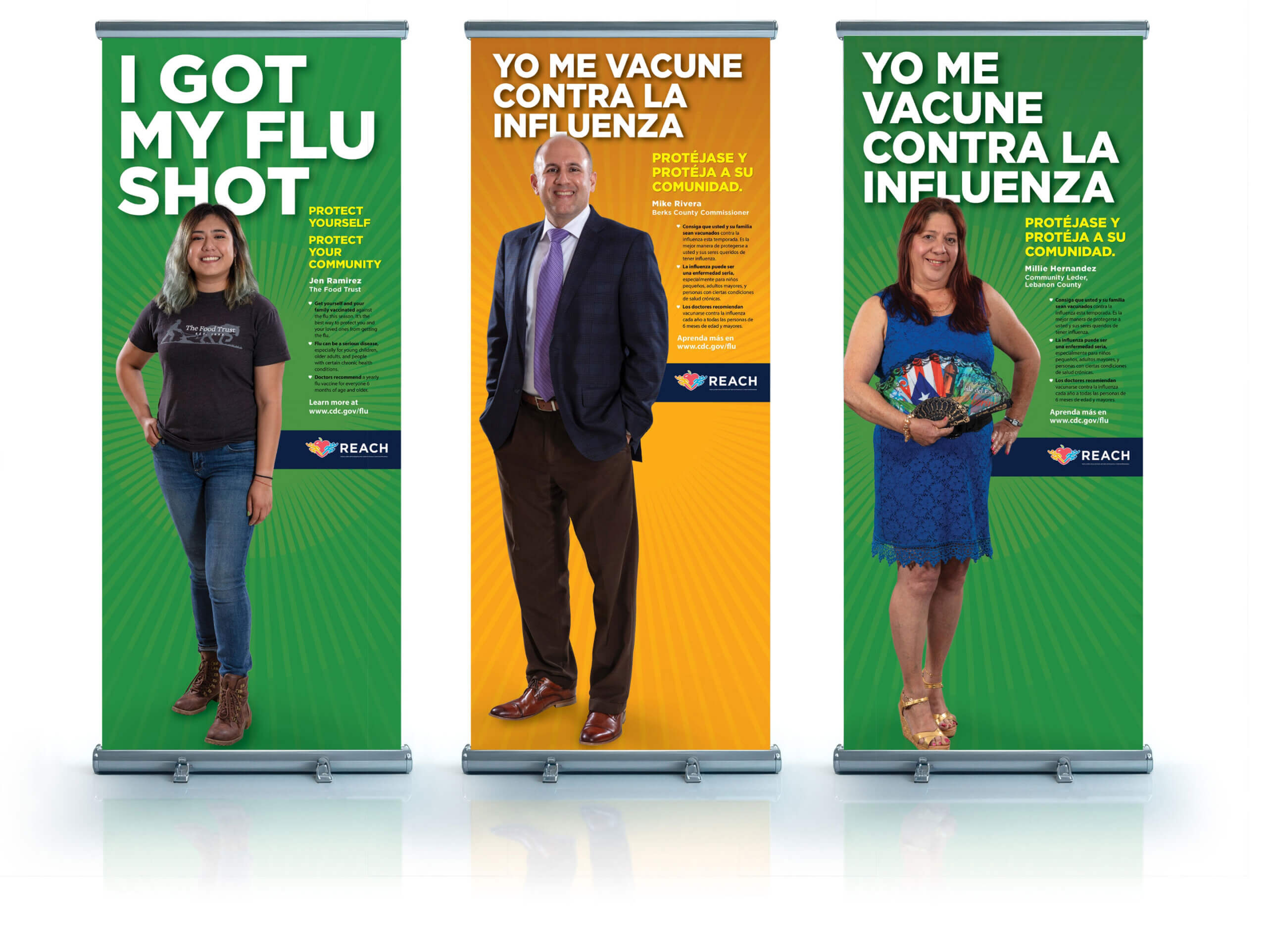 Three pull up banners designed for REACH to advertise to get your flue shot. One is in English, two in Spanish.