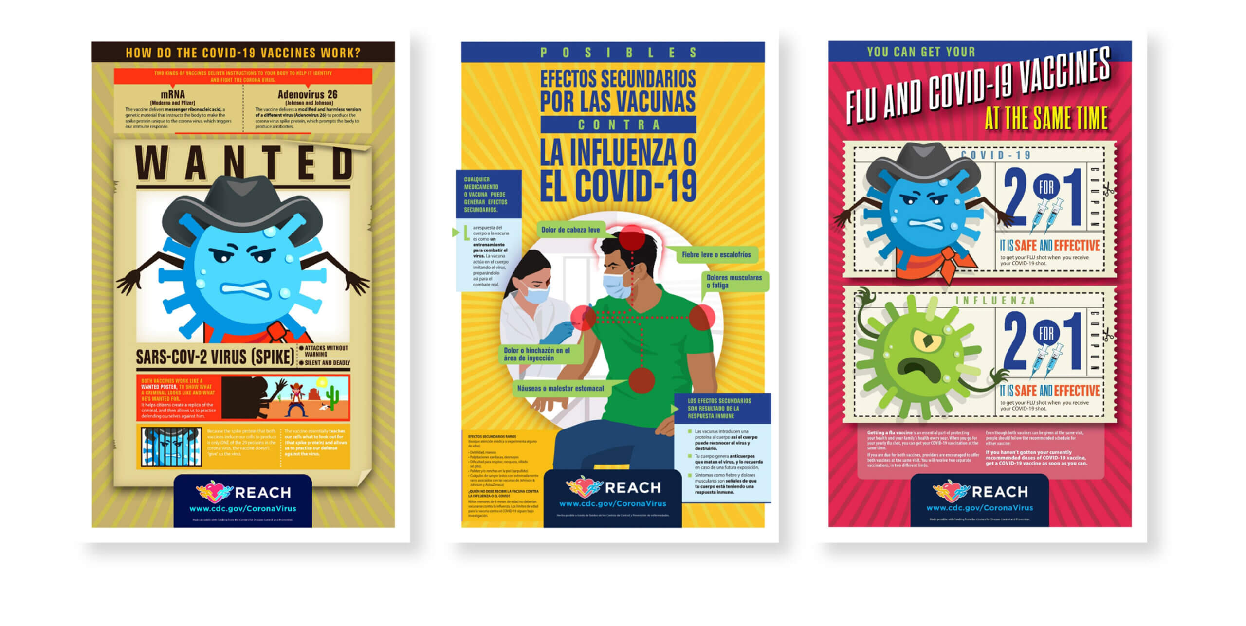 Three infographics designed for the flu shot campaign. Two in Spanish and one in English.