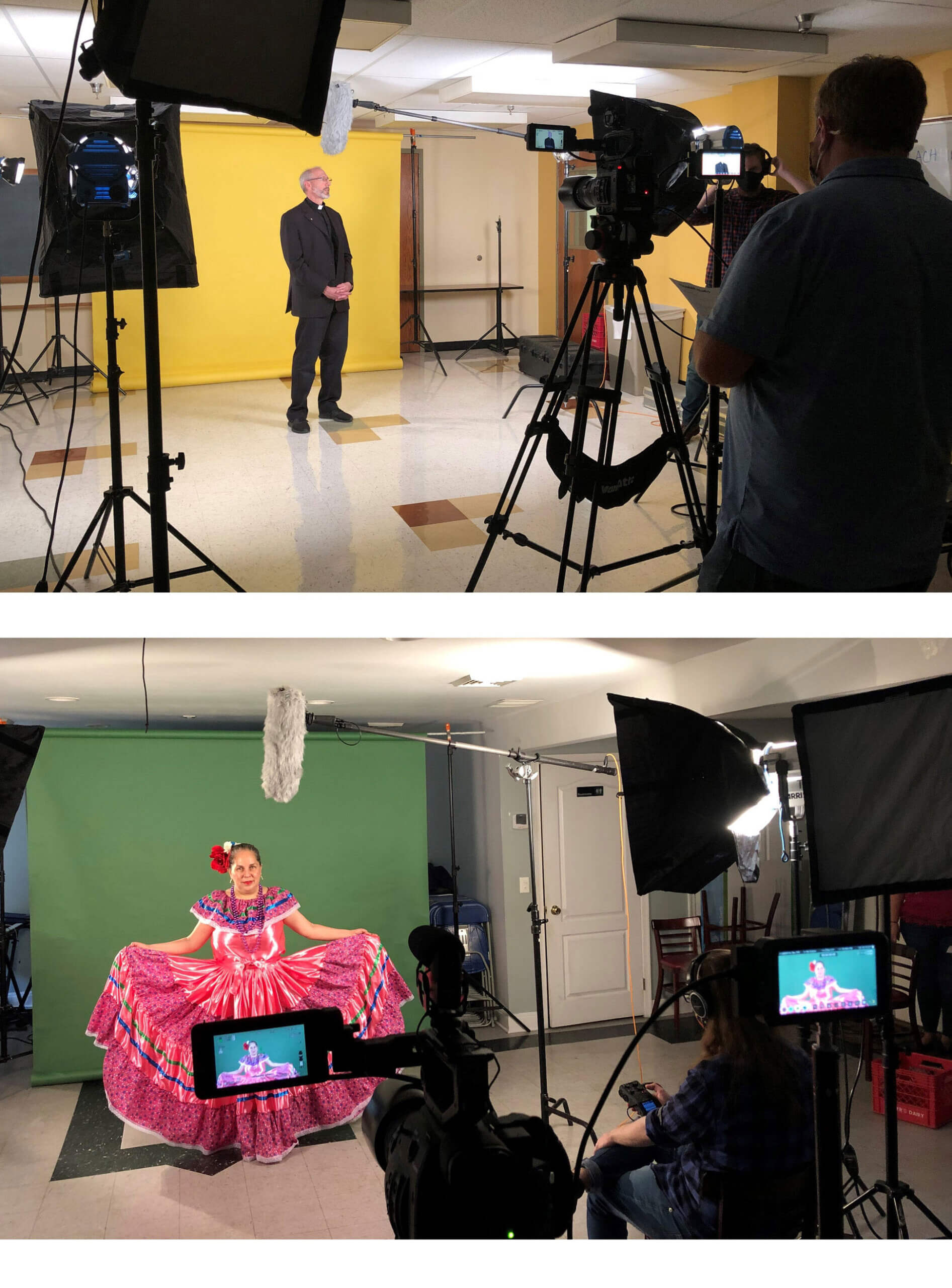 Two photos from behind the scenes when filming the videos for the REACH flu campaign