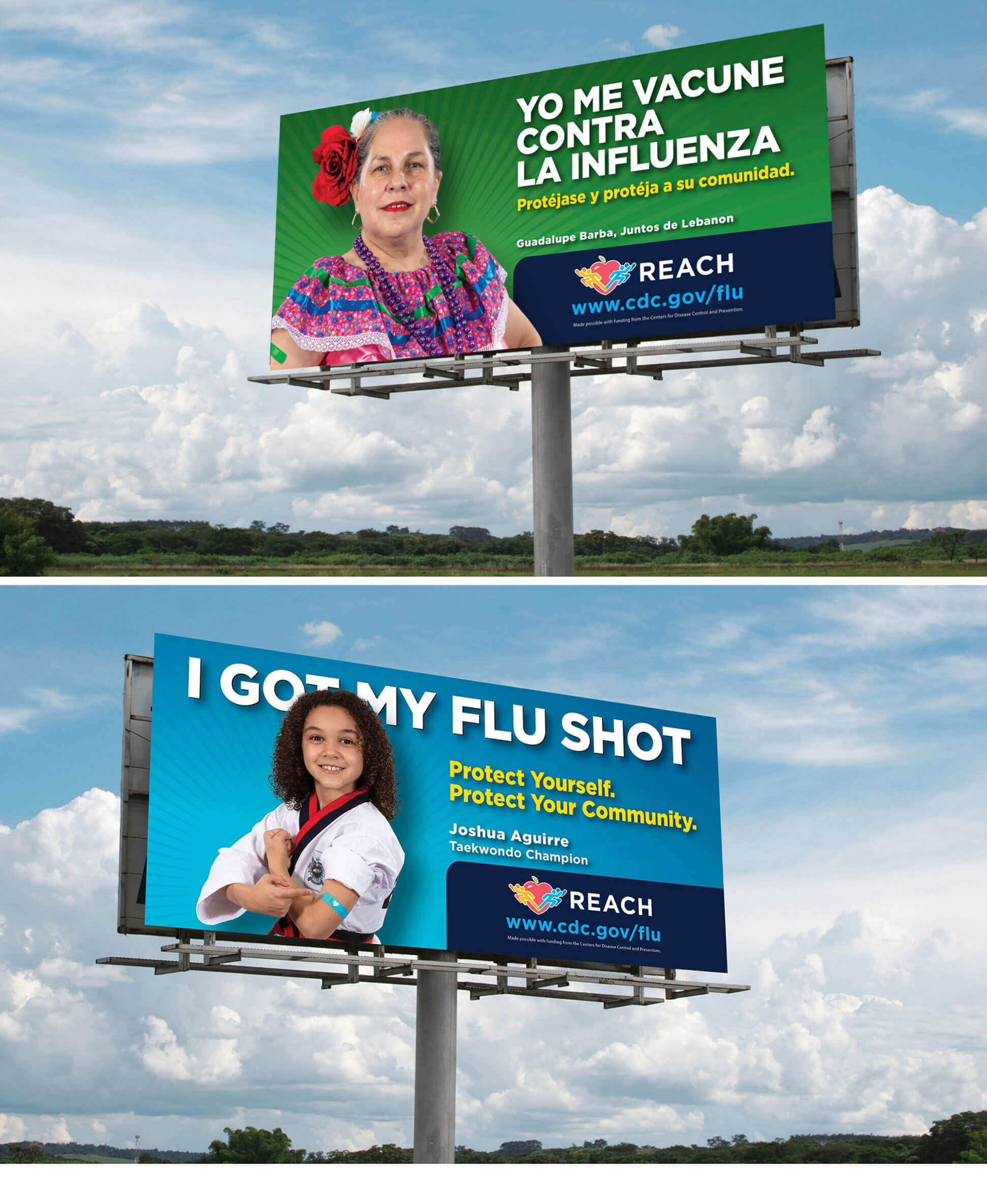 Two photos of different REACH billboards advertising immunization.