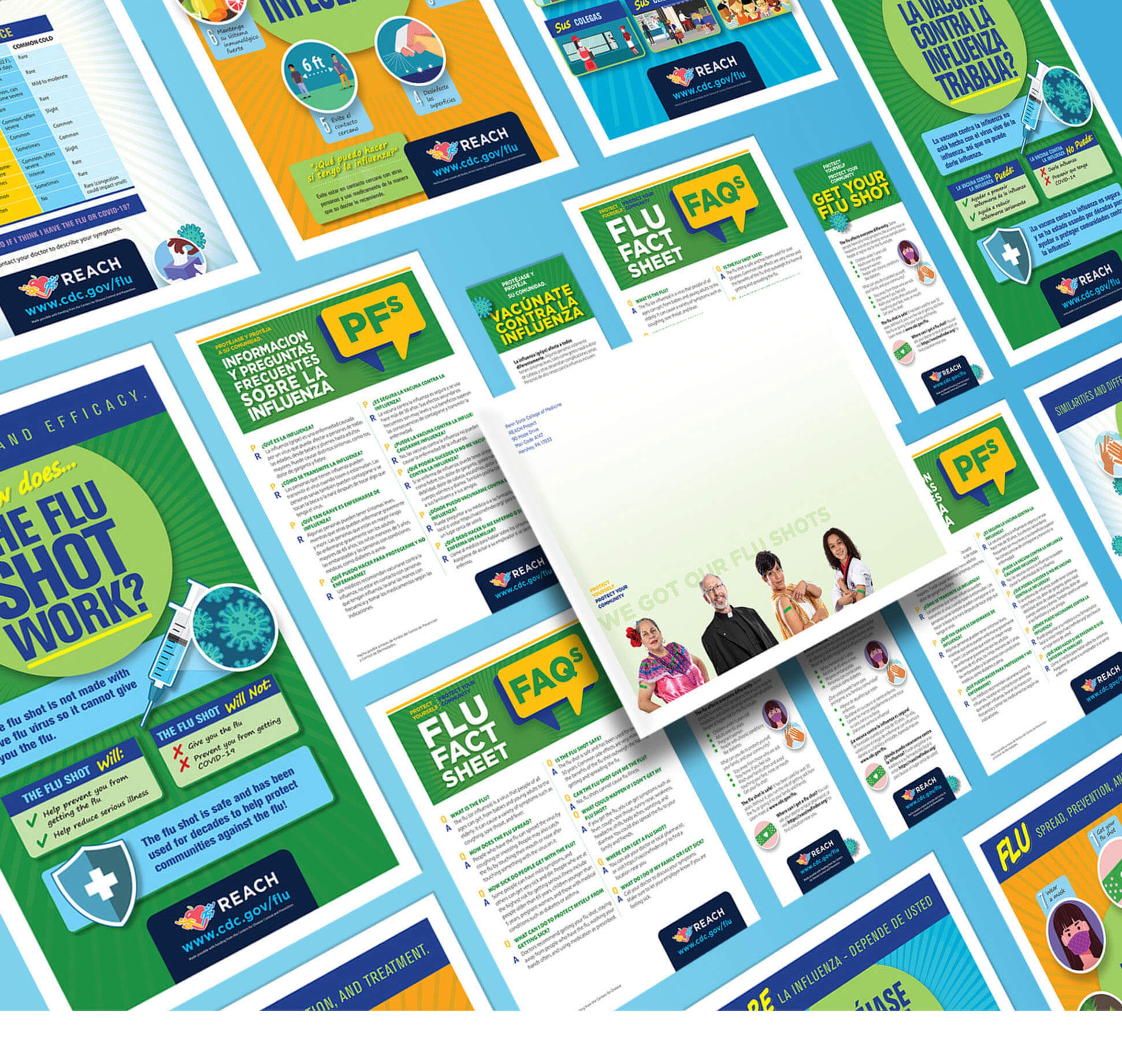 A page displaying fact sheets and info graphics designed for the REACH flu campaign