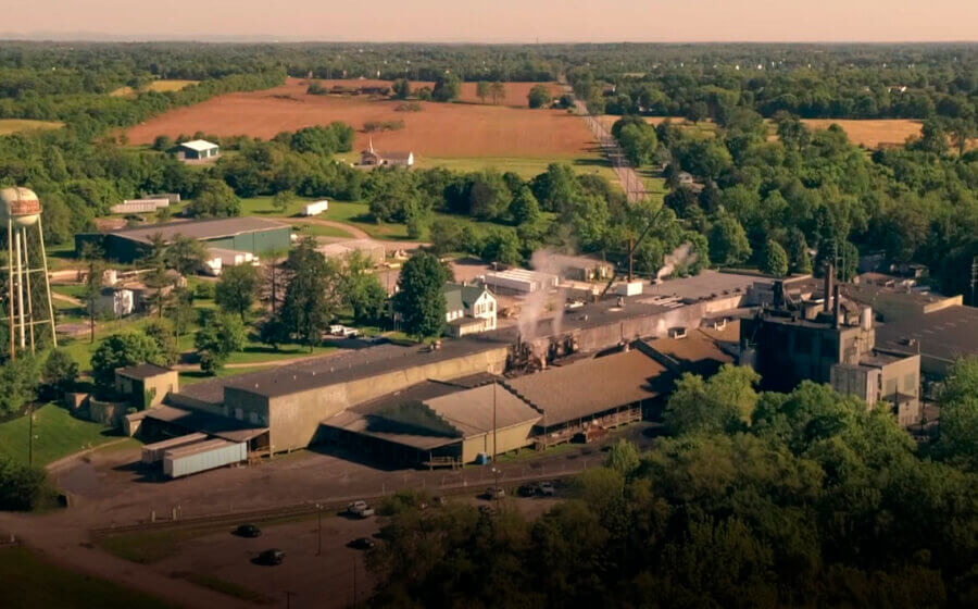 A drone shot of the Ox Industries factory and across the fields