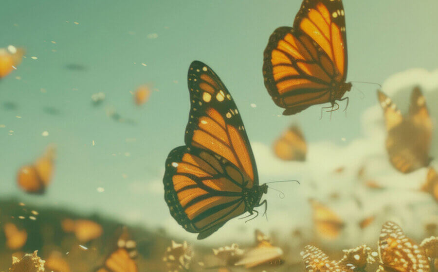 Monarch butterfly's flying amongst the seeds.