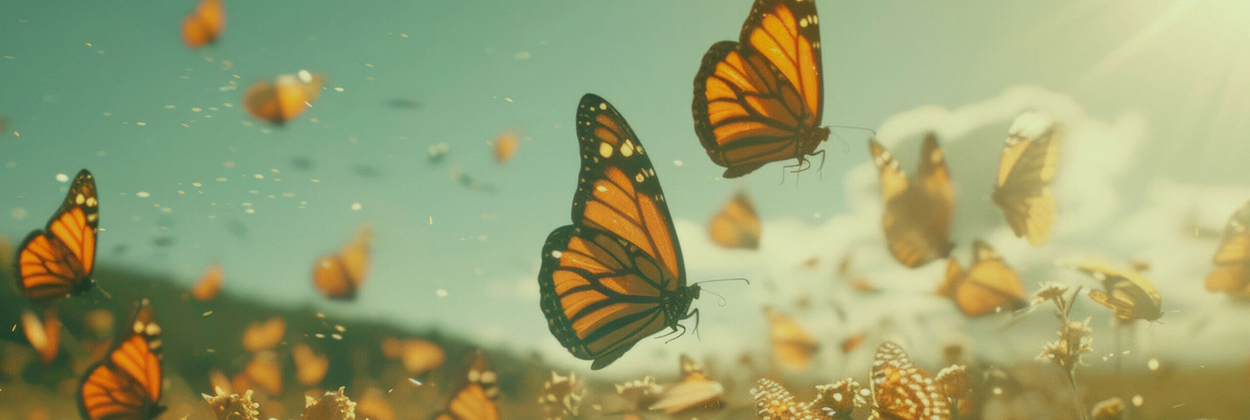 Monarch butterfly's flying amongst the seeds.