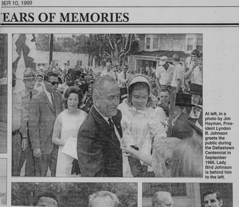 Newspaper article from 1999 showing an image of President Johnson that Jim Hayman took.