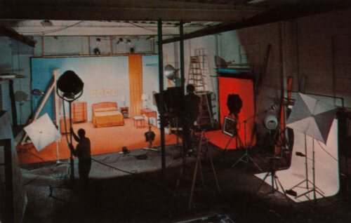 The Hayman studio set up for a bedroom scene shoot.