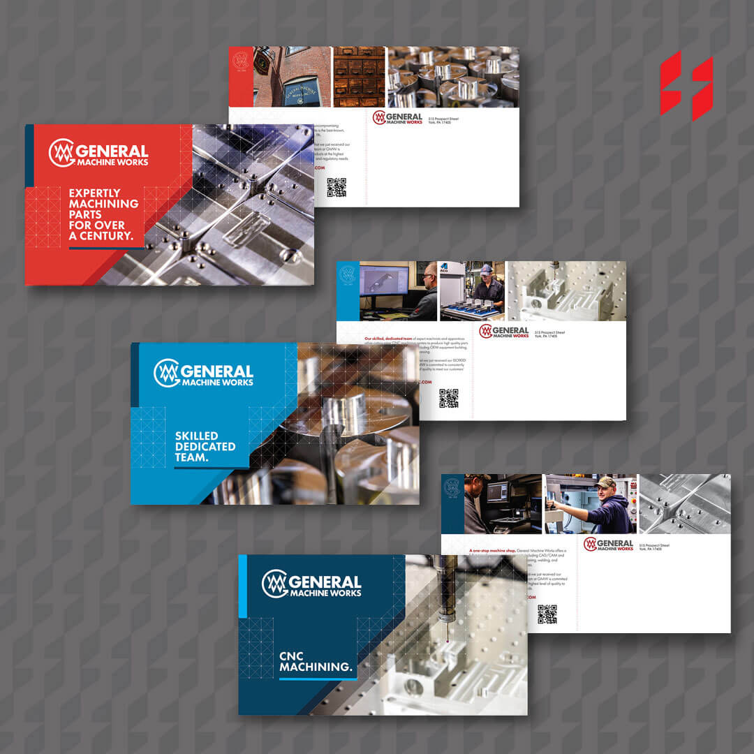 An image showing three postcards Hayman Creative Studio designed for General Machine Works.