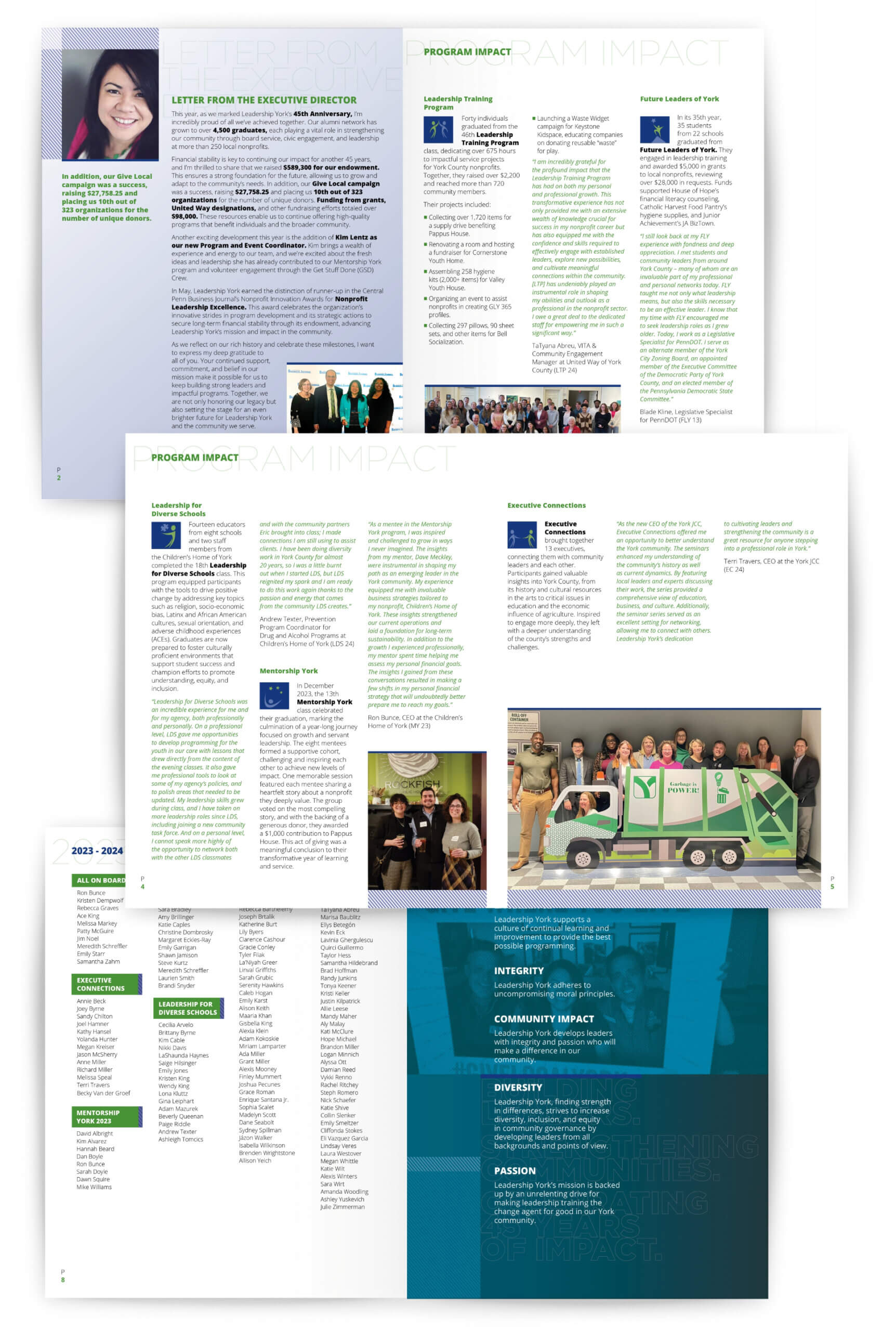 Three spreads from the inside of the Leadership York Annual Report.