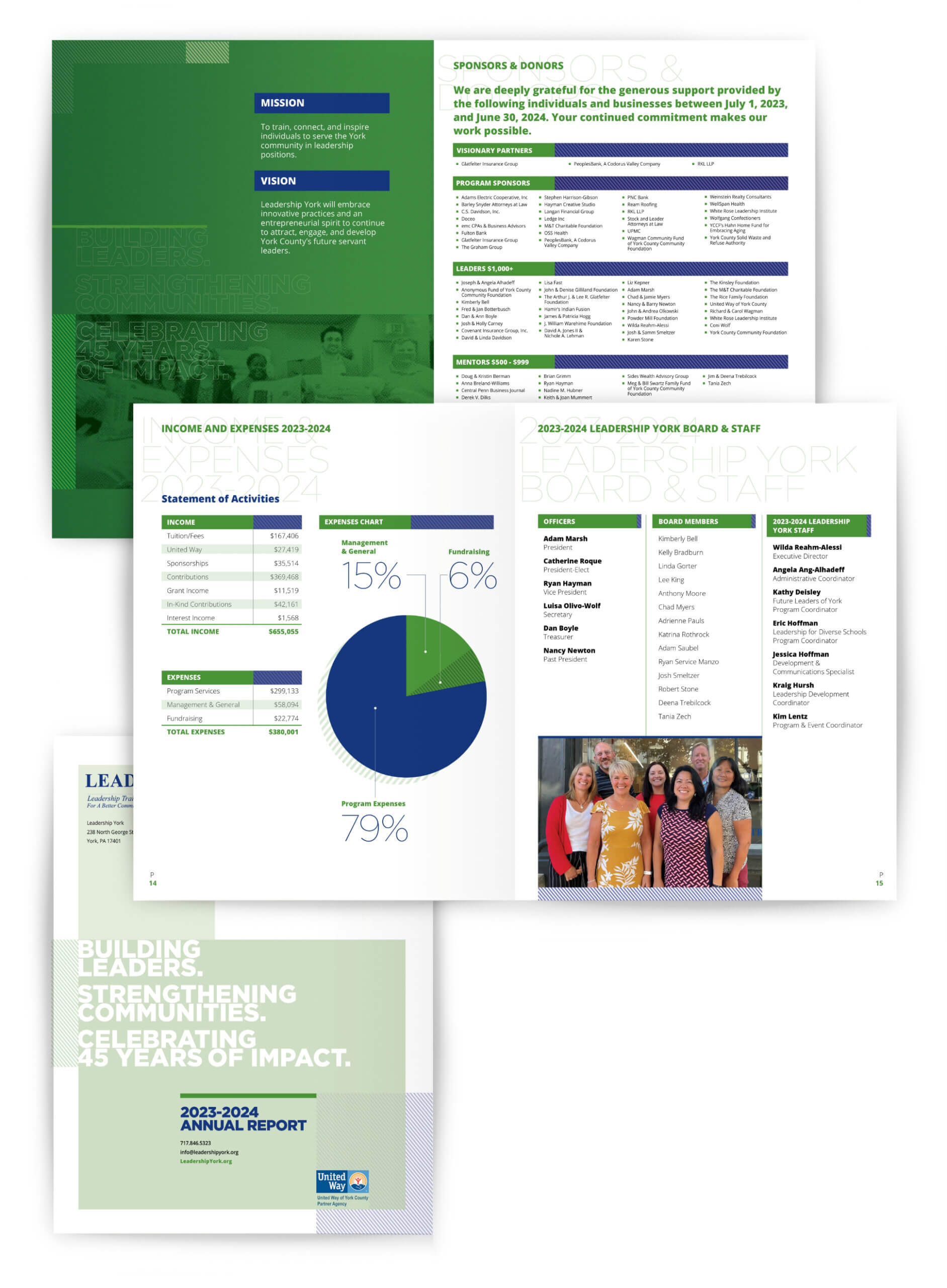 Three spreads from the inside of the Leadership York Annual Report.