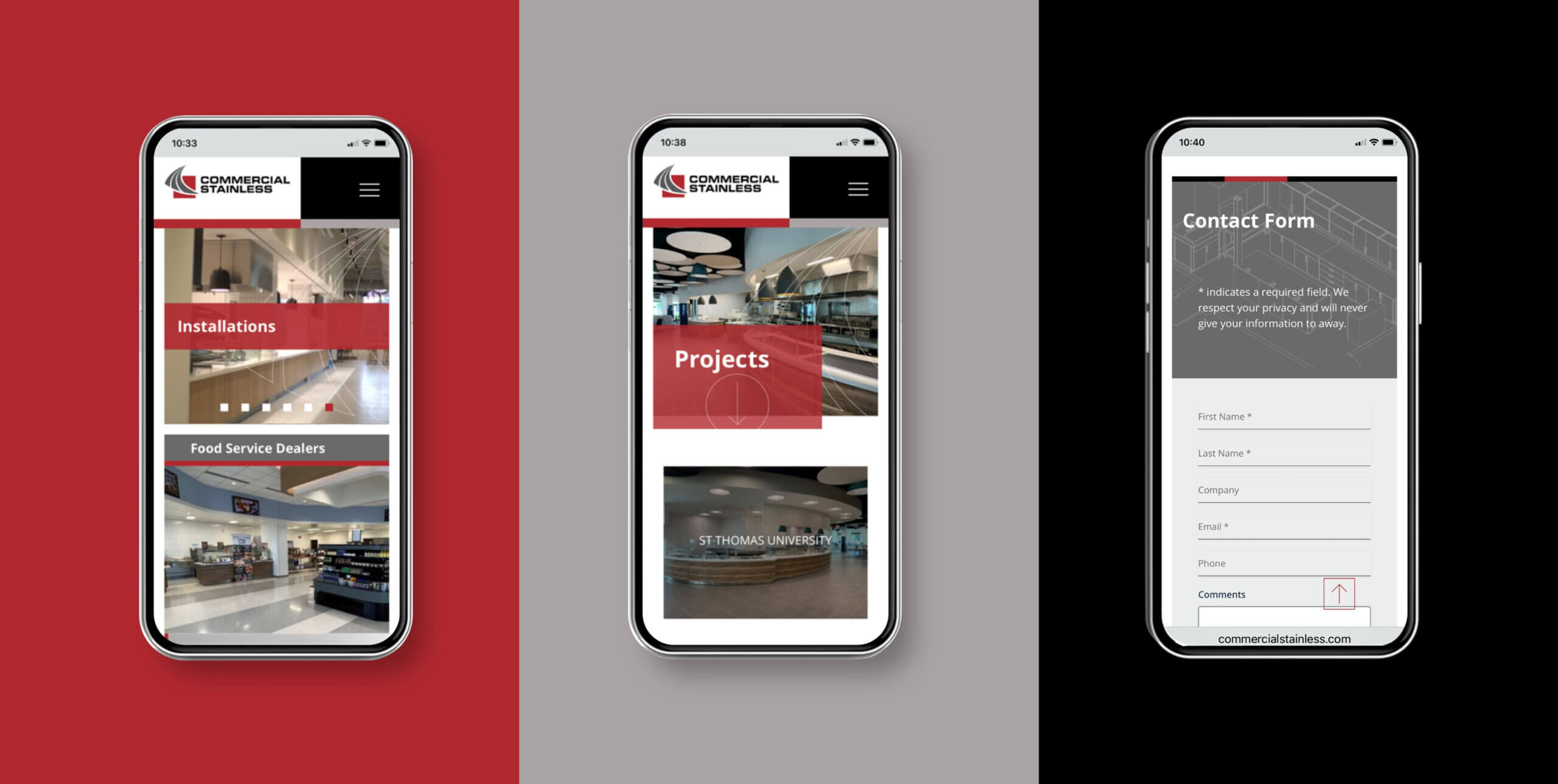 Three mobile phones lined up with different web pages displayed.